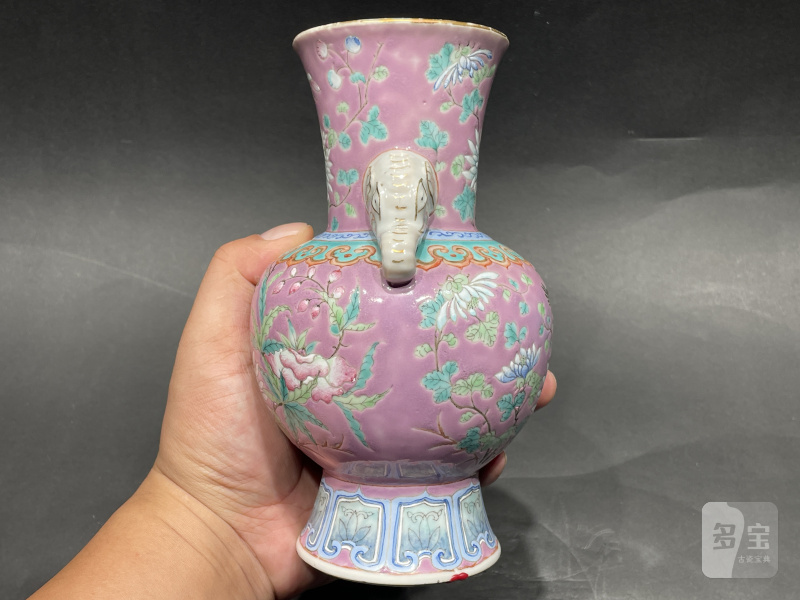 清光绪 宫粉地粉彩花鸟纹象耳尊一对 - 图12
